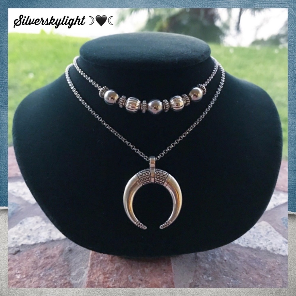 Double layer crecent moon horn silver necklace